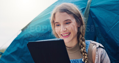 Buy stock photo Happy, woman and laptop with tent outdoor for research, watching movies and weather forecast. Female person, reading and pc for camping vacation, browsing internet and online entertainment in nature
