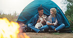 Happy couple, dog and tent with fire for camping, outdoor vacation or holiday together in nature. Man, woman or pet with smile, flame or shelter for safety, security or protection in wilderness