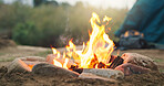 Fire, wood and camp with tent for survival, outdoor flame or heat with rocks on campsite in nature. Campfire, burn or smoke with timber logs or shelter for light, safety or warmth in wilderness
