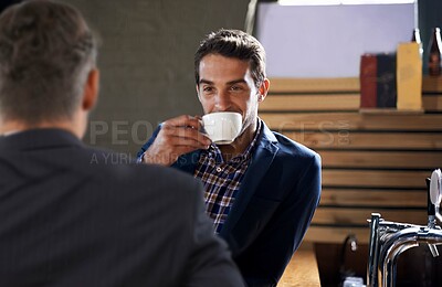 Buy stock photo People, drink and coffee in pub for business meeting, appointment or consultation in Dublin. Businessmen, smile and hot beverage for discussion, team building or conversation after work at restaurant