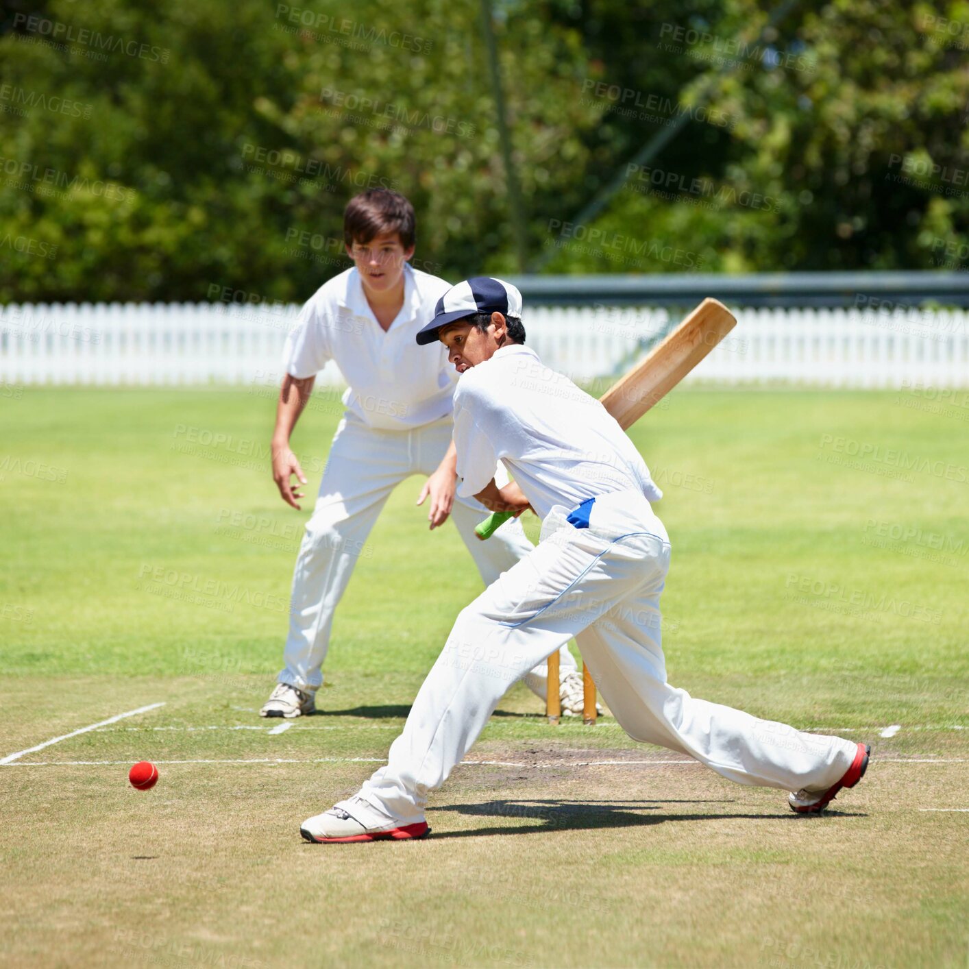 Buy stock photo Cricket player on pitch, teenage boy hitting ball with bat and team sports with fitness, health and active people outdoor. Competition, action and young cricketer with male athlete playing game