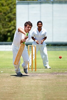 Buy stock photo Teenage boys, playing and cricket players on pitch with bat and boy, team and sports for fitness, health and active people outdoor. Competition, action and young male cricketer play game with sport 