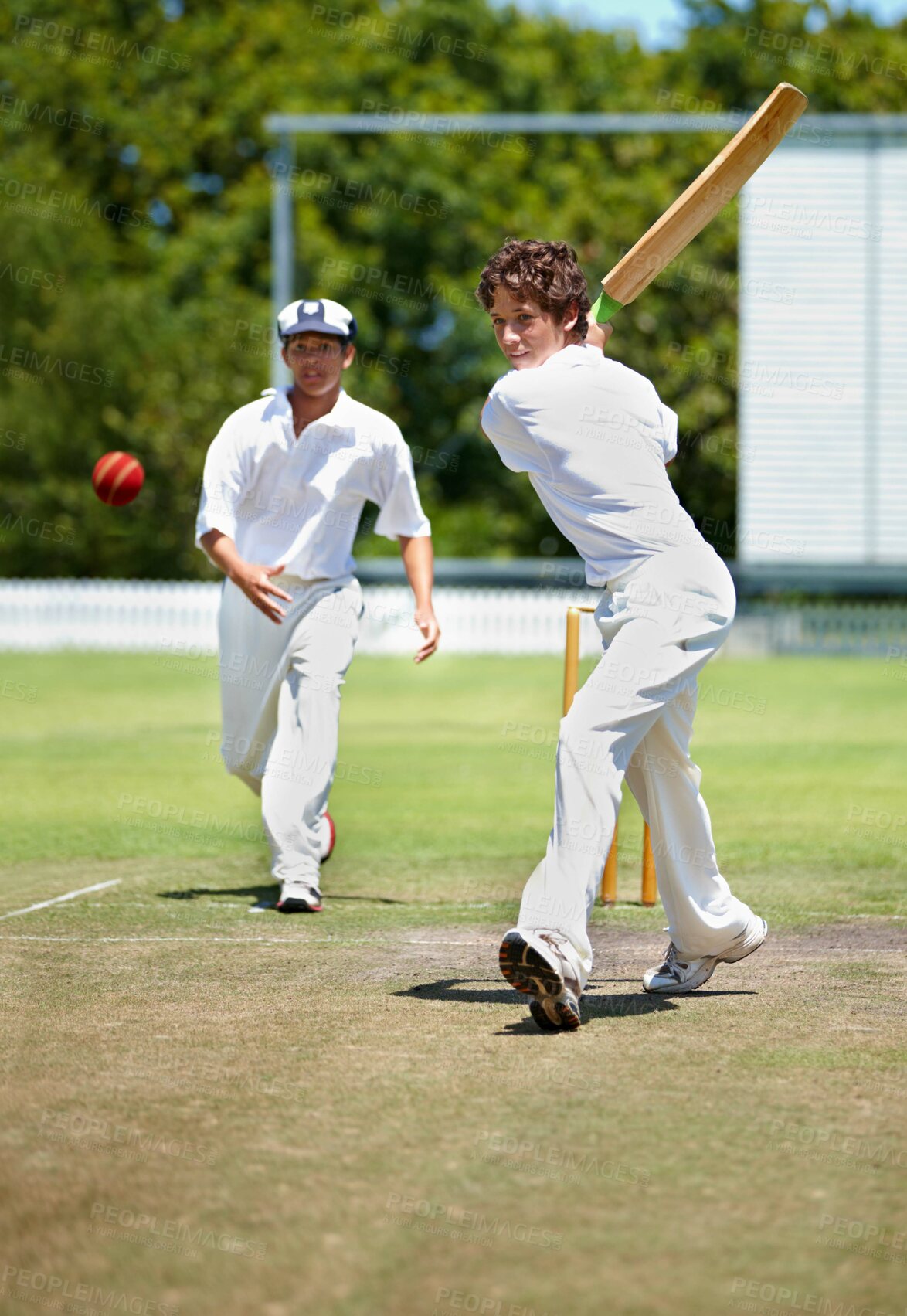 Buy stock photo Health, cricket and boys with teamwork, sports and competition with exercise or summer. Athlete, game or players with fun or fitness with sunshine or cardio with ball or bat with training or wellness