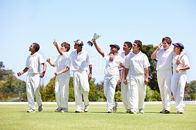 Buy stock photo Cricket players, trophy and winning a match on field, competition and proud athletes with victory. Game, teamwork and celebrating success in sports  in uniform and champion team with unity on grass
