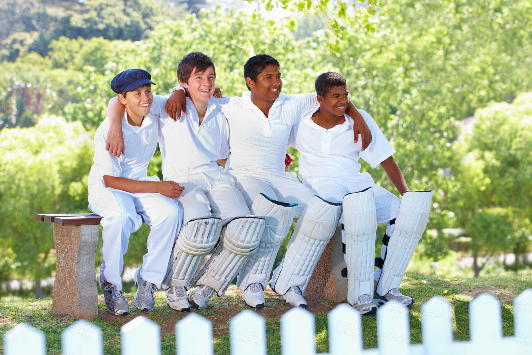 Buy stock photo Happy, cricket team and sport on field, bench and professional athlete with collaboration. Fitness, unity or outdoor with teamwork for competition, uniform or bonding together as friends in nature