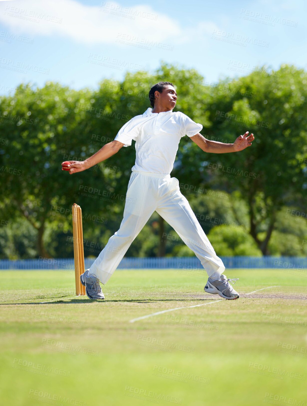 Buy stock photo Cricket field, bowling and man with sports, fitness and fun with competition and grass with sunshine. Person, athlete and player with a ball and exercise with training or practice with summer and game