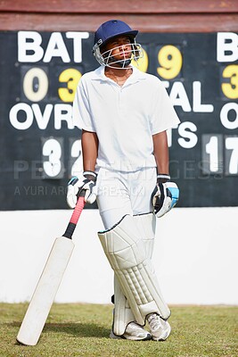 Buy stock photo Cricket, sunshine or teenager with game, fitness and competition with wellness and uniform. Person, player or athlete with tournament or summer with health or bat with cardio or sports with exercise
