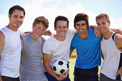 Buy stock photo Soccer, men and together in portrait on field at game with fitness, exercise or happy with hug. People, teamwork and embrace with pride for support, solidarity or football with friends in competition