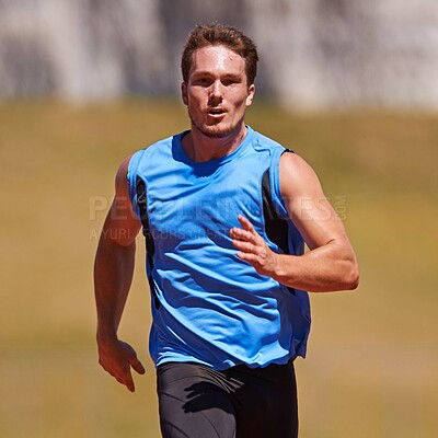 Buy stock photo Fitness, running and man in nature for training, wellness or morning cardio, performance or routine outdoor. Health, exercise or face of male runner in a park for summer sprint, marathon or challenge