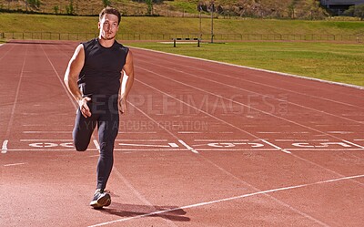 Buy stock photo Man, sport and running on race track for fitness, speed and cardio with athlete and action outdoor. Exercise, workout and training at stadium or arena, moving for health with fast runner or sprinter