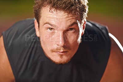 Buy stock photo Fitness, portrait and tired man outdoor for training, break or intense cardio recovery. Face, mindset and serious male runner outside with sports, focus or breathing with resilience for marathon race