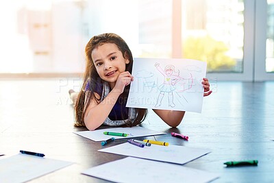 Buy stock photo Female child, picture and drawing on floor in house with color pencil for development. Girl, playing and learning in home with portrait by paper for kindergarten, homework and homeschool education