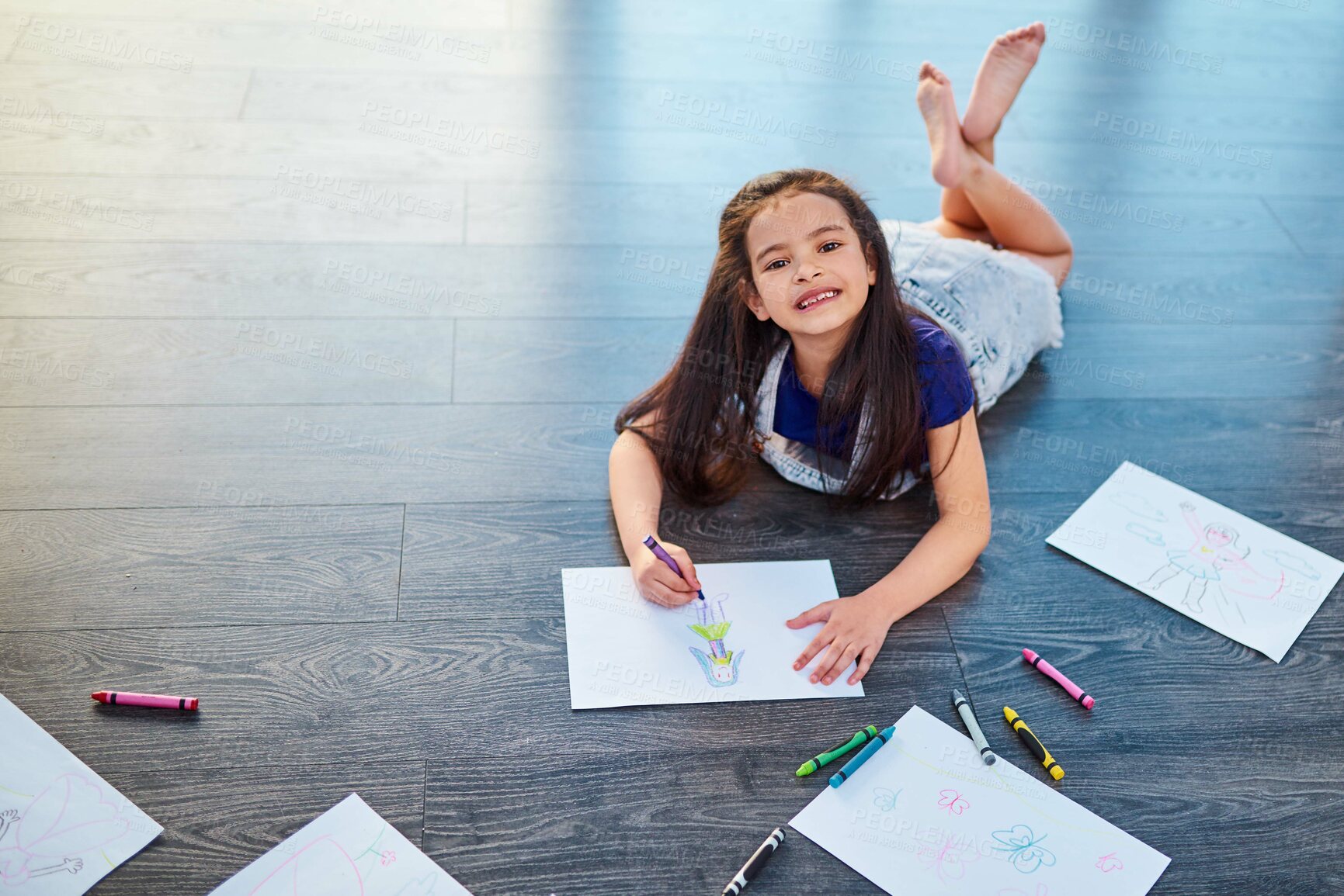 Buy stock photo Female child, sketch and drawing on floor in house with color pencil for development. Girl, playing and learning in home with portrait or above view for kindergarten, homework and homeschool project
