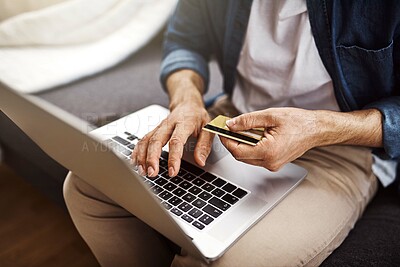 Buy stock photo Hands, laptop and credit card for man, payment and online shopping with cybersecurity, tech and typing. Guy, computer and fintech on internet store for discount, sale and deal with  banking password