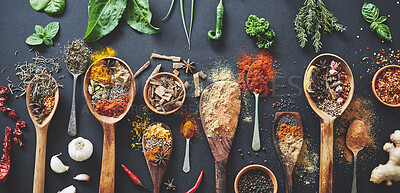 Buy stock photo Table, powder and group of spices in top view, abstract and ingredients for flavor on background. Selection, above and collection of herbs or organic seasoning, textures and dry culinary condiments