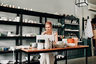Buy stock photo Creative, pottery and woman sitting with laptop in workshop. Small business or startup, technology or social networking and female person in kitchen with art sculpture on the table or on desk