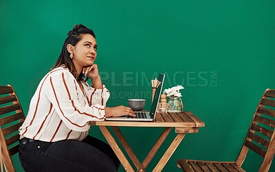 Buy stock photo Laptop, thinking and woman in coffee shop with freelance job, networking and planning for web article. Computer, research and girl in cafe for online consulting, ideas and inspiration for remote work