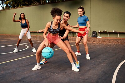 Buy stock photo Fitness, basketball and women playing game together for competition, challenge and fun on playground. Outdoor, performance and girl friends on court with ball, exercise and teamwork at sports club.