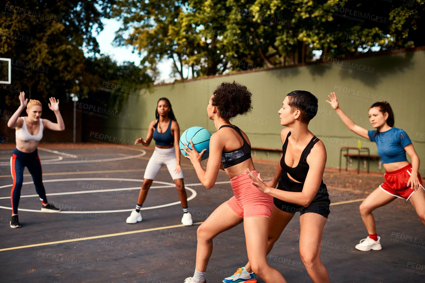 Buy stock photo Teamwork, basketball and women playing game together for competition, challenge and fitness on playground. Outdoor, performance and girl friends on court with ball, exercise and fun at sports club.