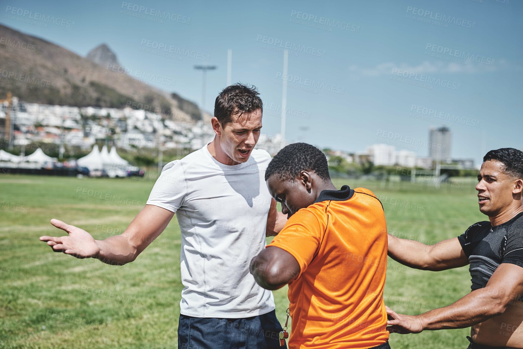 Buy stock photo Rugby, team and referee with fighting in game on field for foul play, warning and rules of match. Sport, players and penalty from umpire for punishment, mistake or compliance with men in disagreement