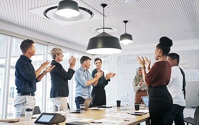Buy stock photo Business people, group and applause in boardroom, meeting and happy for profit with success at company. Team, audience and cheers with motivation, goals and performance in office at creative agency