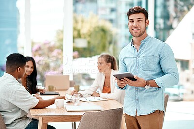 Buy stock photo Portrait, tablet and happy business man in startup for career leadership, research or copywriter editing online. Technology, smile and professional manager in meeting for coworking, planning or laugh