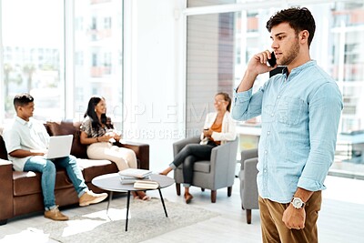 Buy stock photo Business, people and team with talking in meeting for design project collaboration, planning ideas and creative process. Designer, group and tech with paperwork for brainstorming and strategy on sofa