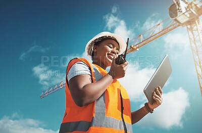 Buy stock photo Radio, tablet and engineering with black woman on construction site for project management and building. Architecture, contractor and digital blueprint with person for low angle, inspection or safety