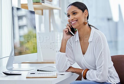 Buy stock photo Business woman, company phone call and smile in a office with communication at a desk. Content manager, web worker and female person with tech and connectivity for internet strategy conversation