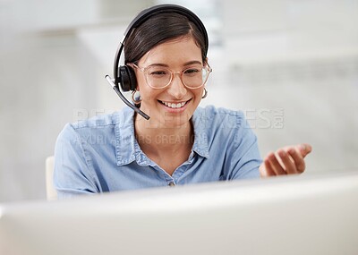 Buy stock photo Headset, computer and woman talking as call centre employee, communications and support or customer service. Technology, smile and office for virtual help, business sales or telemarketing and CRM