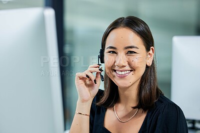 Buy stock photo Headset, portrait and woman for customer service in office, workspace and job working in call center for telemarketing career. Contact us, communication and tech support consultant or happy to help