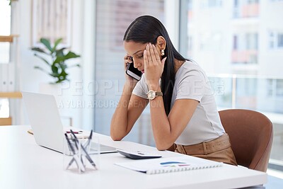Buy stock photo Woman, phone call and stress in office for of problem solving, cash flow management or professional planning. Female person, talking or contact with client for b2b, customer support and communication