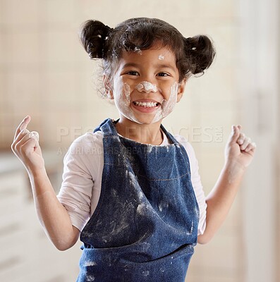 Buy stock photo Baking, fun and portrait of child in kitchen with flour for cake, bread and pastry dessert in home. Childhood, family and happy young girl with dirty face of ingredients for recipe, dough and treats
