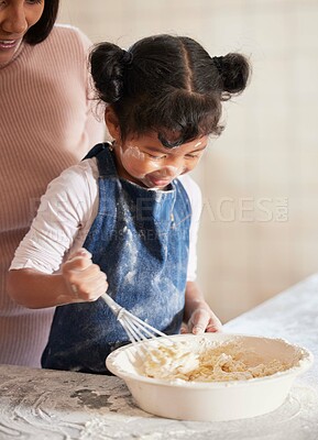 Buy stock photo Baking, happy and mother with child in kitchen with ingredients for cake, bread and pastry dessert in home. Childhood, family and mom and girl learning baker skills for recipe, dough and treats