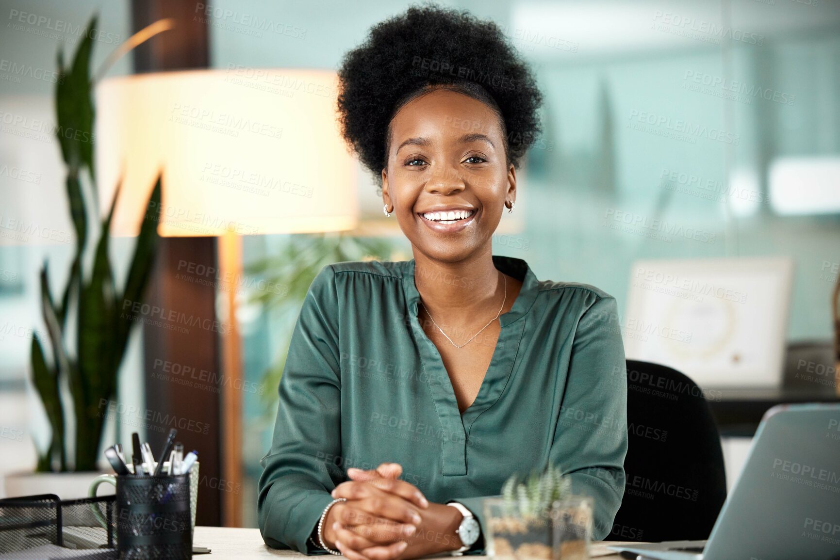 Buy stock photo African woman, portrait and office with smile, proud and confidence for career goals. Creative writer, professional news editor and expert reporter for content creation, publishing and press startup