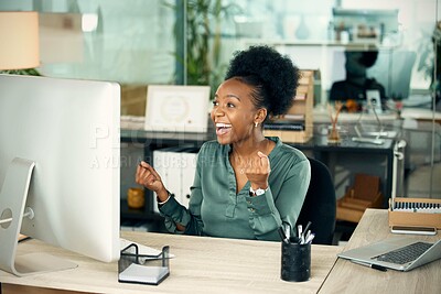 Buy stock photo Office, black woman and excited on computer with smile for online research, results and target as hr manager. Happy, female employee and cheerful in pc for administration work, task and success