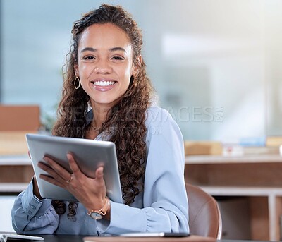 Buy stock photo Black woman, portrait and typing on tablet in office, smile and networking on app. Female person, happy and website for research and check email, planning agenda and consultant for communication