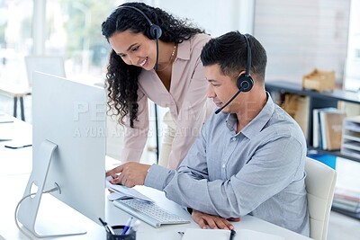 Buy stock photo Office, training and man in call center with mentor to help with questions, feedback and coaching, Employee, learning and manager with advice for sales or report in customer care or technical support