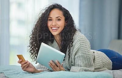 Buy stock photo Woman, tablet and portrait with credit card and online payment for shopping on store app. Ecommerce, internet and happy from purchase deal and buying on an internet website with smile at home 
