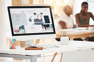 Buy stock photo Graphic design, website and marketing with a screen for advertising campaign on a computer in a creative office. Designer, brand and editor in a studio for product placement, art and creativity