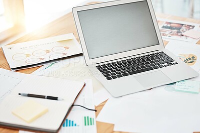 Buy stock photo Laptop, color swatch and paper documents for interior design idea, creative startup and innovation vision. Zoom on technology, notebook or infographic chart data for office company website background