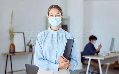 Buy stock photo Covid business woman, portrait and face mask rule for staff safety, healthcare and corona virus risk in startup agency. Female manager, entrepreneur and covid 19 pandemic protection in modern office 