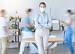 Covid, office and busy portrait of woman with mask for protection from virus in workplace. Motion blur of business people in professional agency with coronavirus face shield for safety. 

