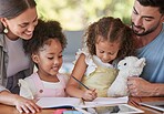 Children homework, family help and parents helping kids with school work, drawing in notebook and writing idea together in house. Kids learning creative education with mother and father in home