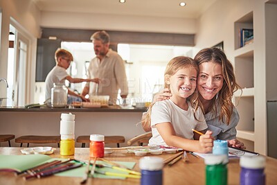 Buy stock photo Mother and child painting in family home portrait with father and kid cooking together for creative skills development and learning. Parents or people teaching children fun activity in holiday house