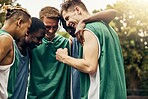 Basketball, sports motivation and happy team excited with win of game, tournament or competition. Teamwork, celebration and happiness at athlete meeting after exercise, fitness or training workout