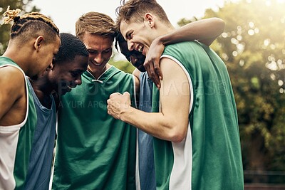 Buy stock photo Basketball, sports motivation and happy team excited with win of game, tournament or competition. Teamwork, celebration and happiness at athlete meeting after exercise, fitness or training workout