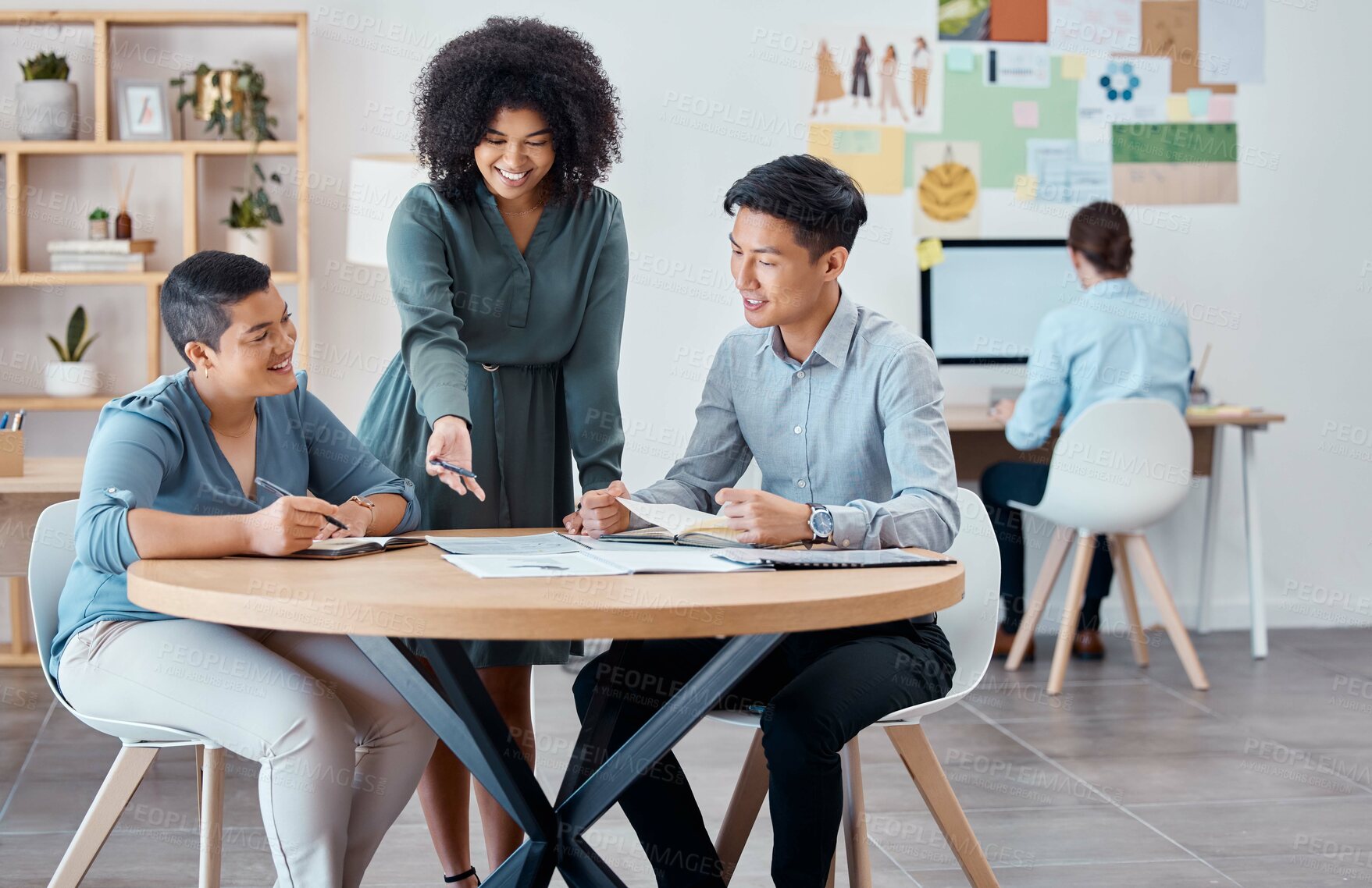Buy stock photo Collaboration, research and marketing team planning project with documents, data and ideas. Teamwork, diversity and happy business people working on a creative strategy analysis in meeting in office.
