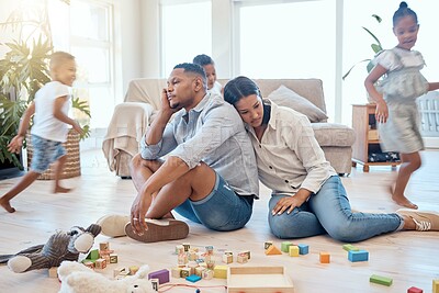 Buy stock photo Tired parents, children playing in living room and running in with adhd energy, burnout parents and happy kids run for crazy fun. Child development, growing up and play in lounge family home together