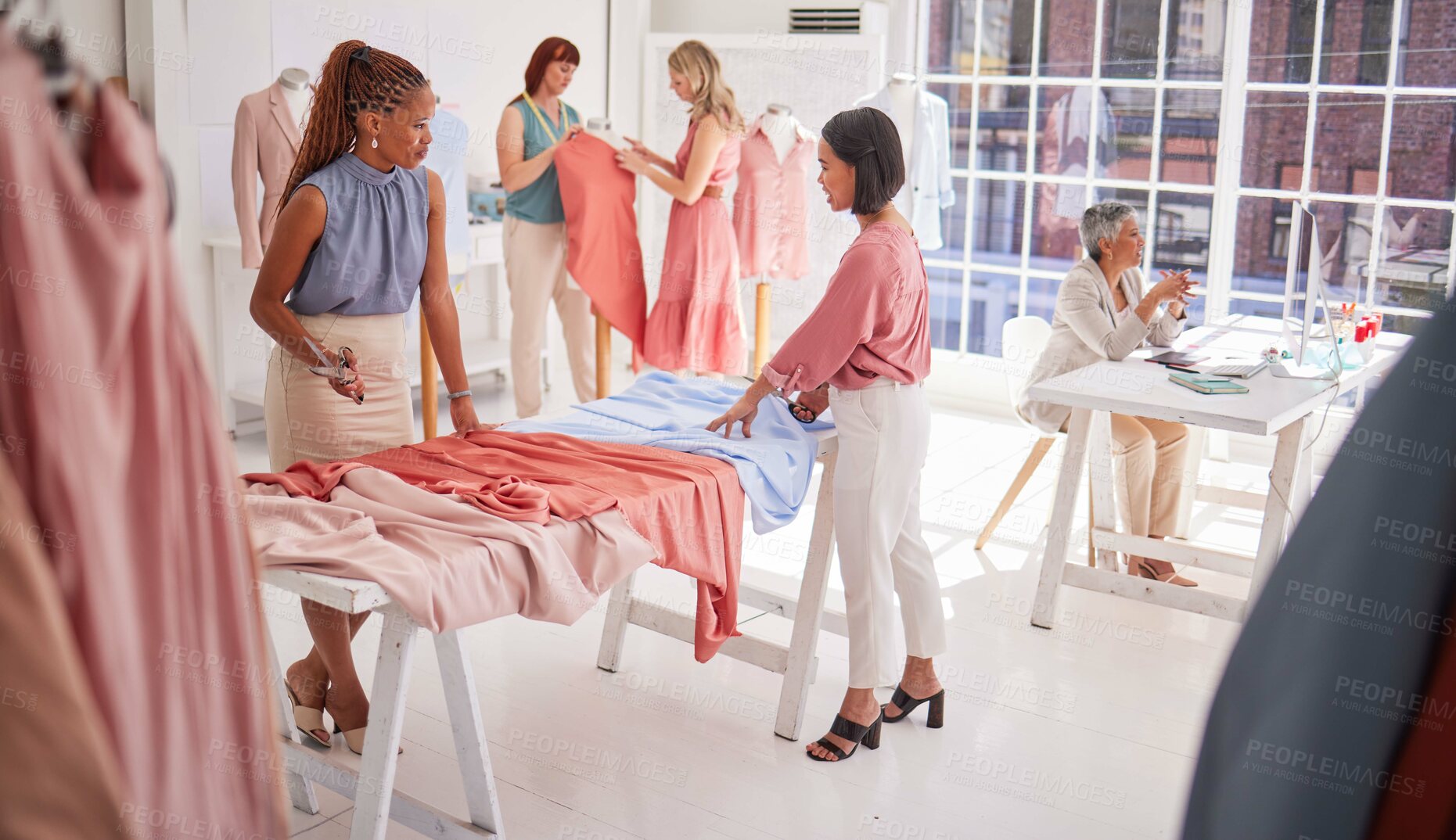 Buy stock photo Fashion, women designer and creative production tailor team with cloth fabric, colourful textile and design teamwork. Retail diversity, seamstress and sewing collaboration in modern shopping business